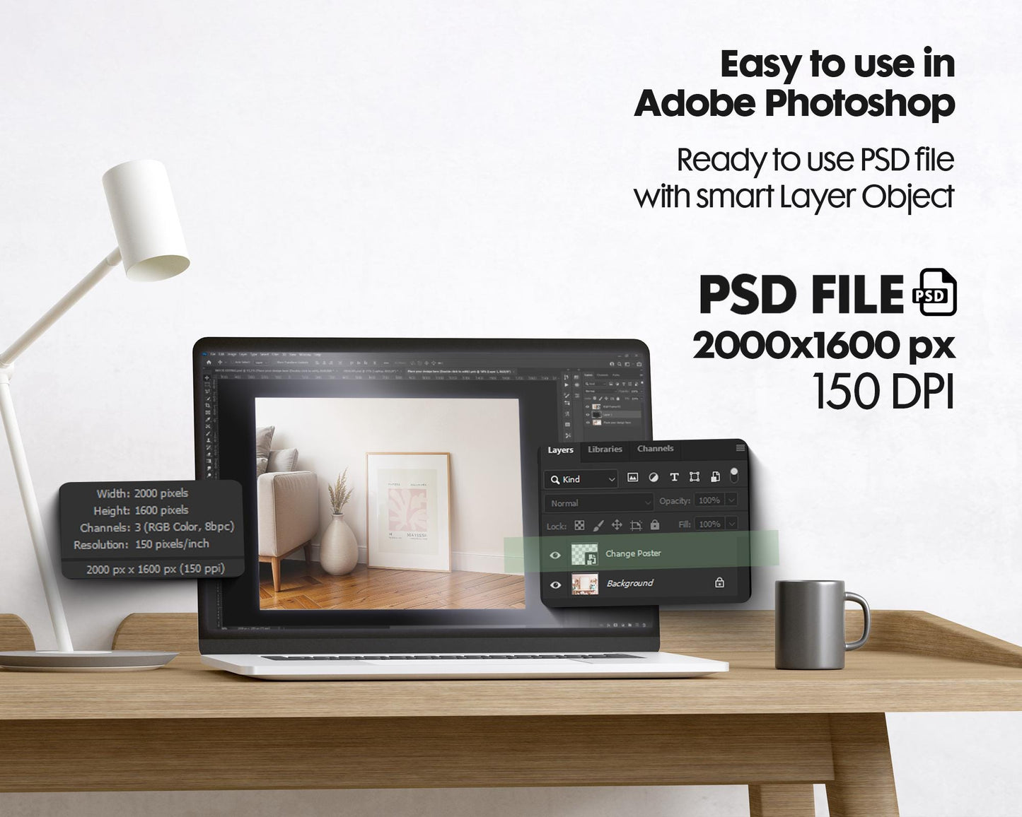Artwork Mockup PSD | Framed Poster Mockup. DIN A Frame Mock–Up | PSD Photoshop Photopea Mockup. Frame Mockup Home Interior