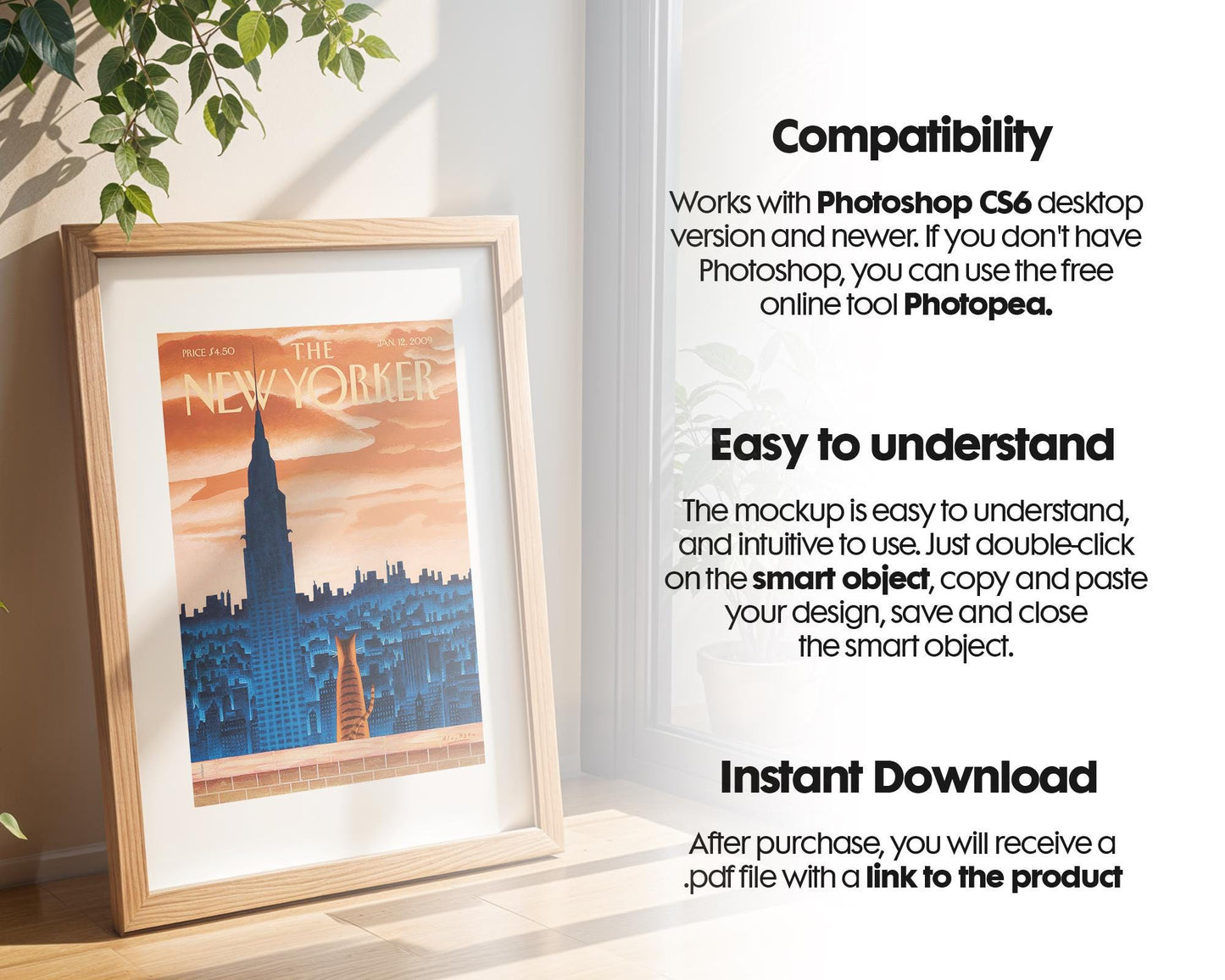Blank Wooden Poster Frame Mockup, Minimalist Frame Mockup for Digital Download, Posters and Artwork Smart Object Instant Download