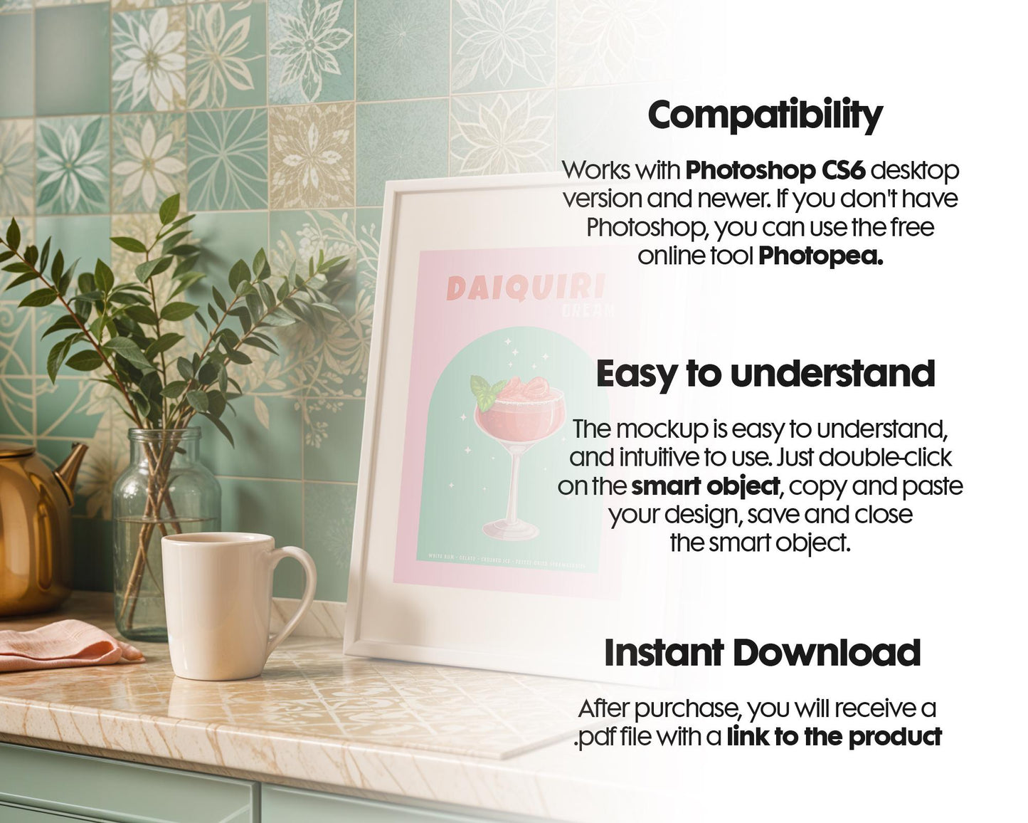 Frame Mockup in Kitchen, ISO A DIN Ratio, Thin Wood Frame, PSD Mockup, Minimal Modern Home Interior Design Mockup