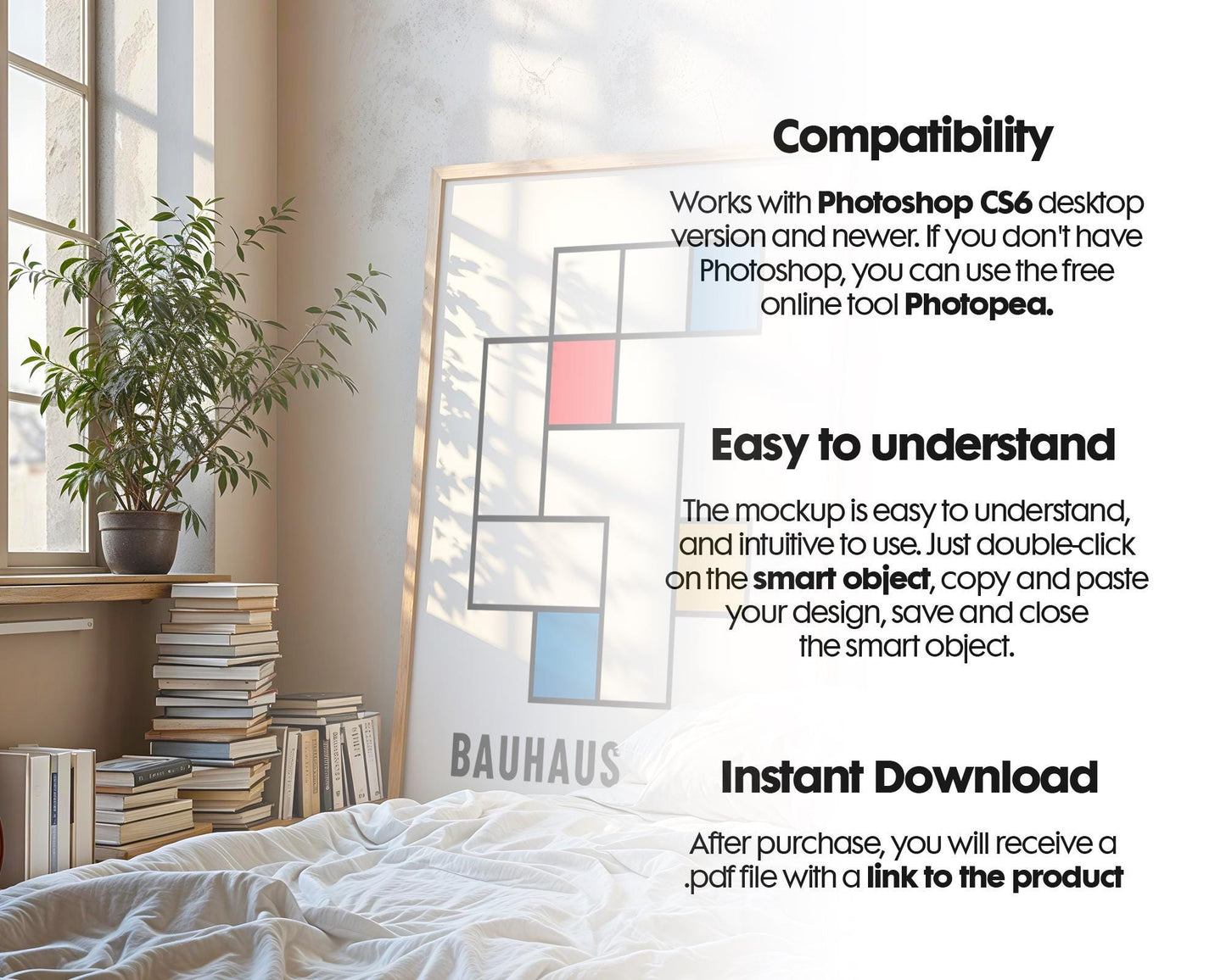 Frame Mockup in Bedroom, ISO A DIN Ratio, Thin Wood Frame, PSD Mockup, Frame Mockup Minimal Home Interior