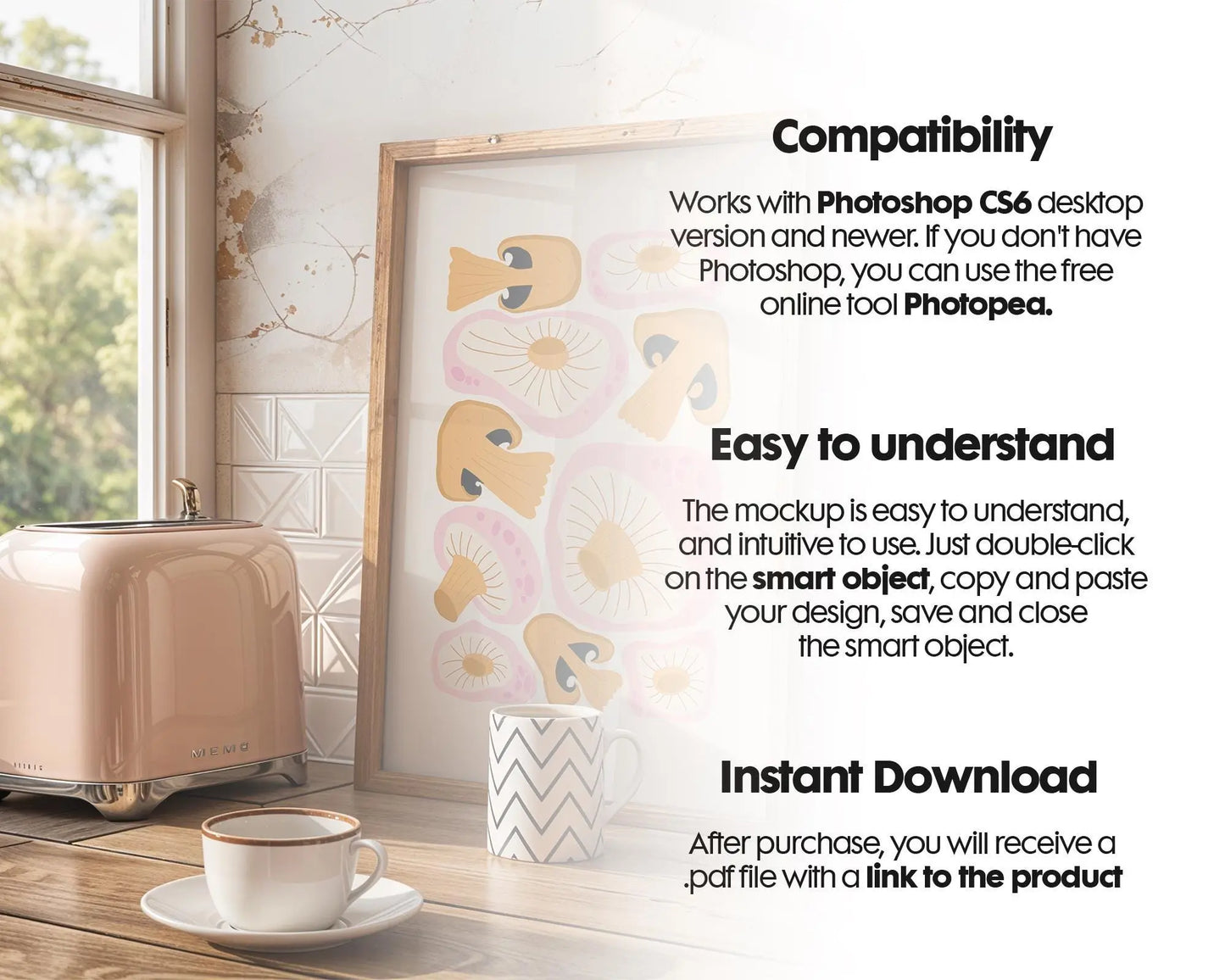 Kitchen Frame Mockup | Minimal Kitchen Frame Mockup Boho Interior | Poster Mockup Templete PSD