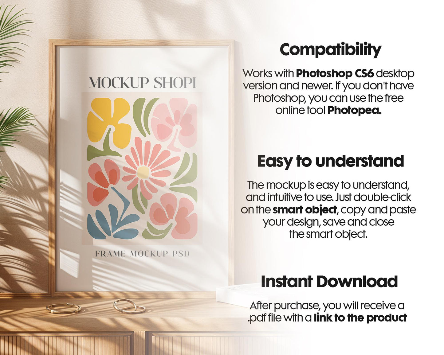 Blank Wooden Poster Frame Mockup, Minimalist Frame Mockup for Digital Download, Posters and Artwork Smart Object Instant Download