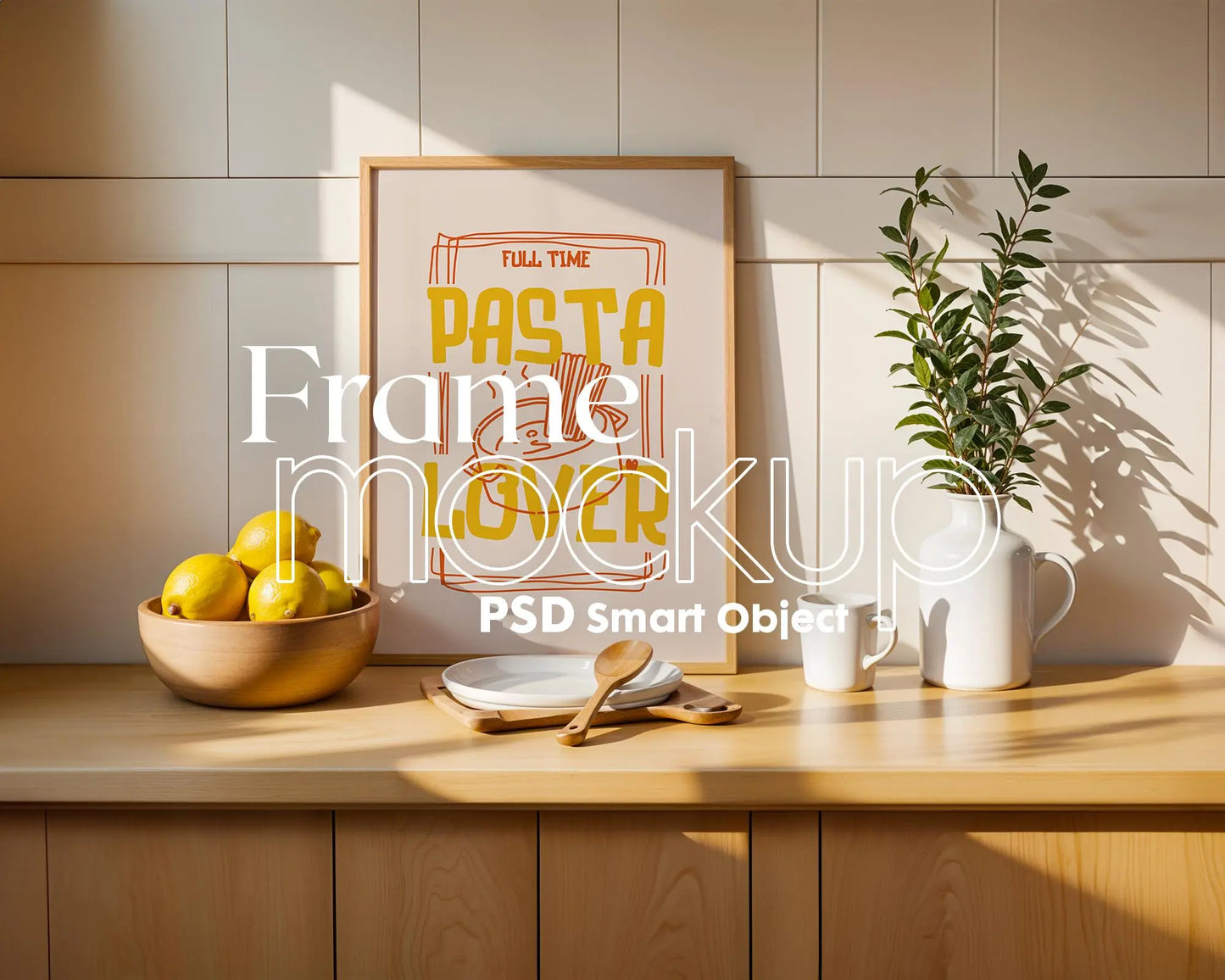 Frame Mockup in Kitchen, ISO A DIN Ratio, Thin Wood Frame, PSD Mockup, Minimal Modern Home Interior Design Mockup