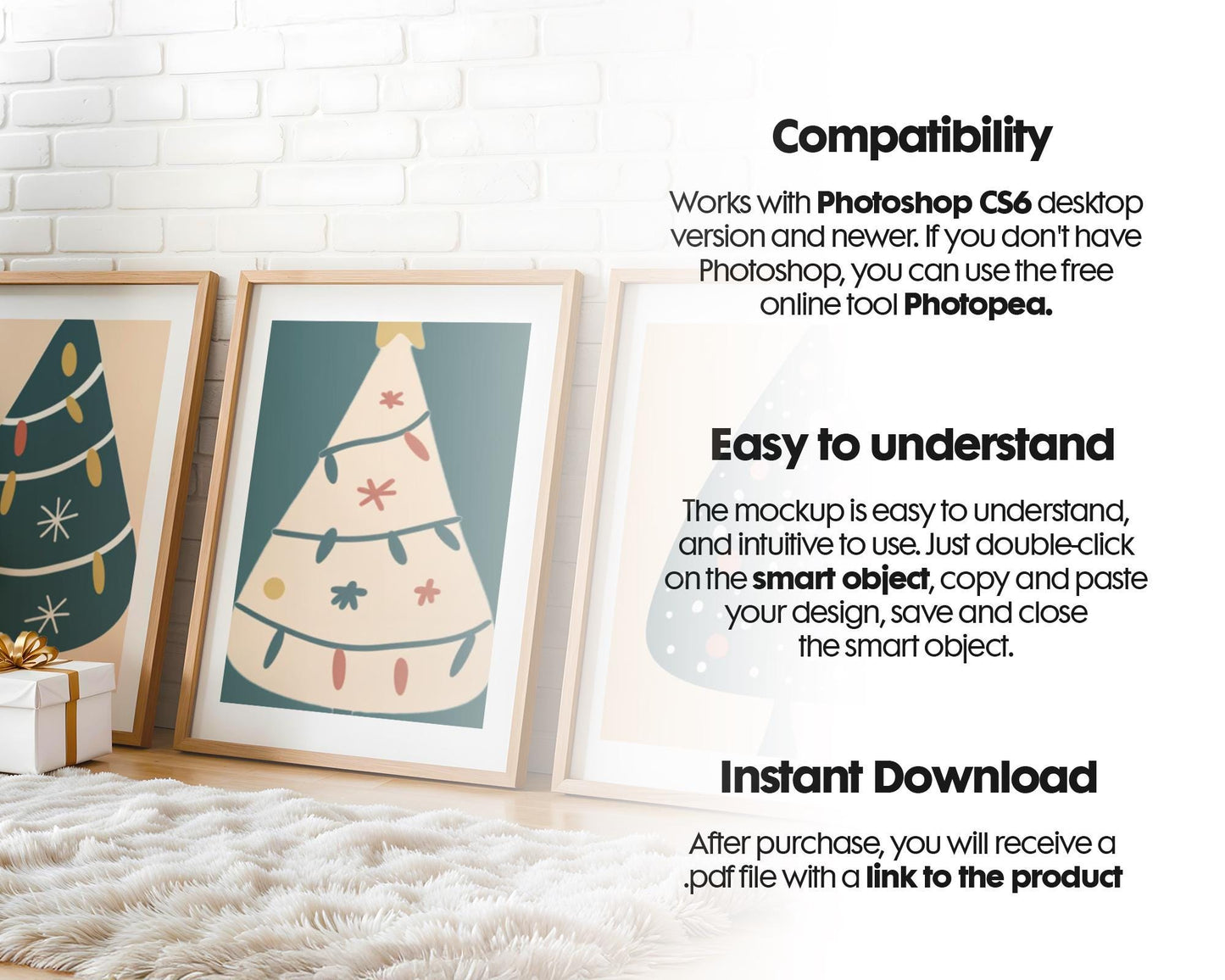 Christmas 3 Frame Mockup PSD, Christmas Holiday Frame Mockup, Christmas Mockup Poster Presentation, Christmas Interior Frame Mockup