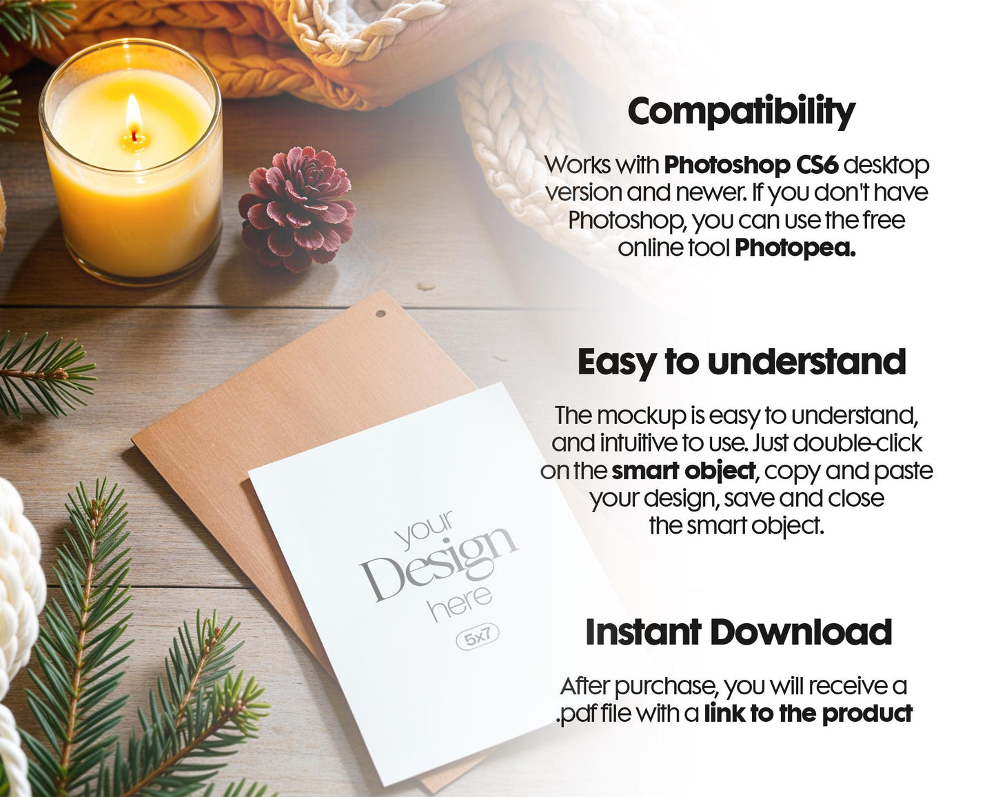 Christmas Card Mockup, White Blank Card Mockup PSD, Invite Card Mockup, Festive Greeting Card Mockup, PSD Smart Object