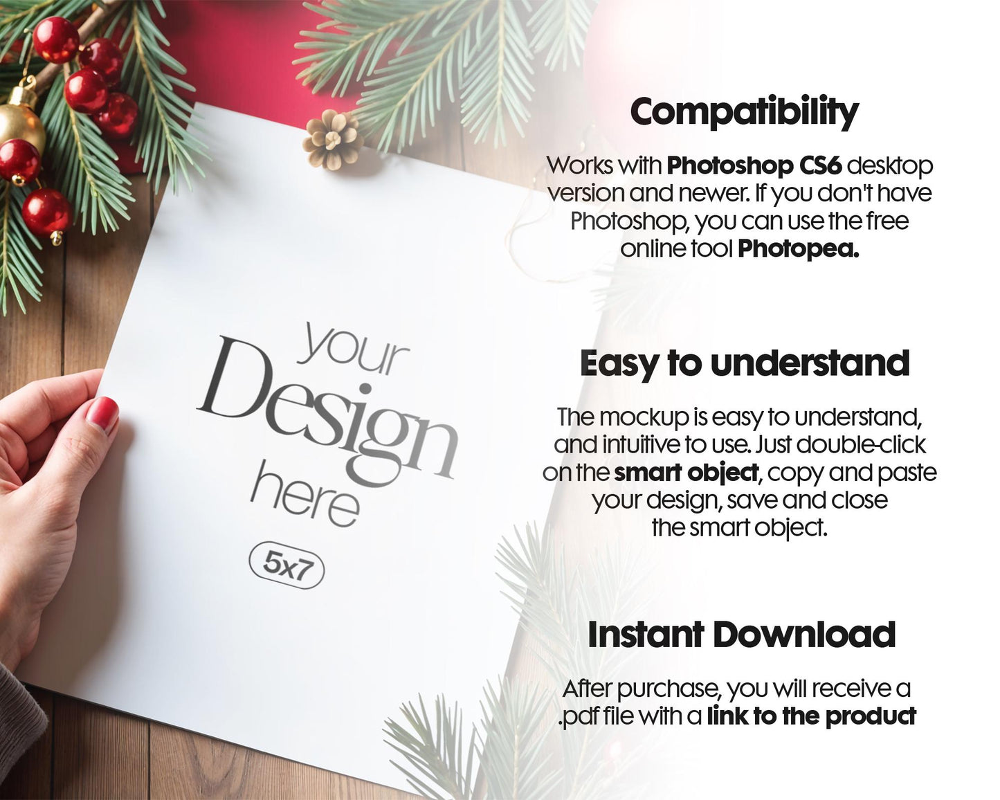 Christmas Card Mockup, White Blank Card Mockup PSD, Invite Card Mockup, Festive Greeting Card Mockup, PSD Smart Object
