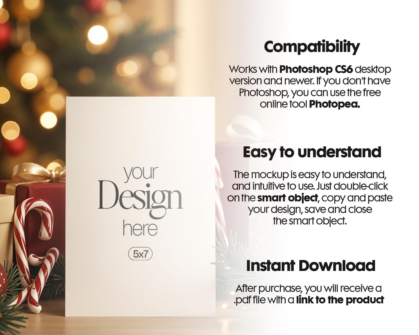 Christmas Card Mockup, White Blank Card Mockup PSD, Invite Card Mockup, Festive Greeting Card Mockup, PSD Smart Object