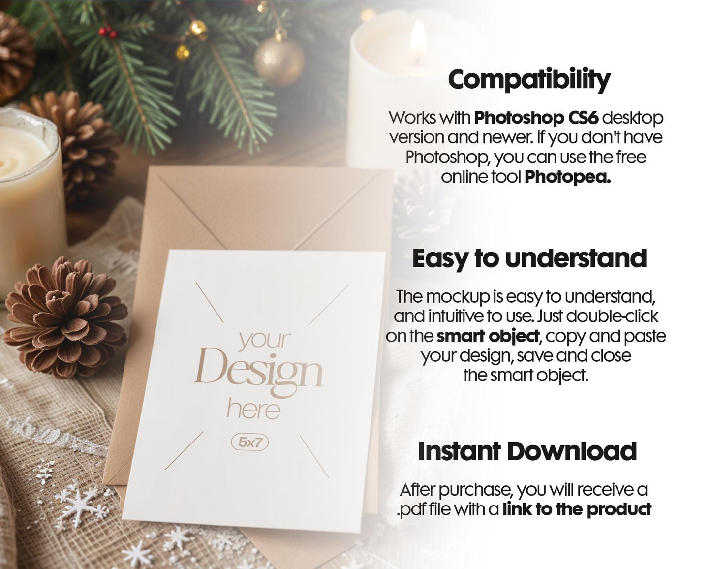 Christmas Card Mockup, White Blank Card Mockup PSD, Invite Card Mockup, Festive Greeting Card Mockup, PSD Smart Object