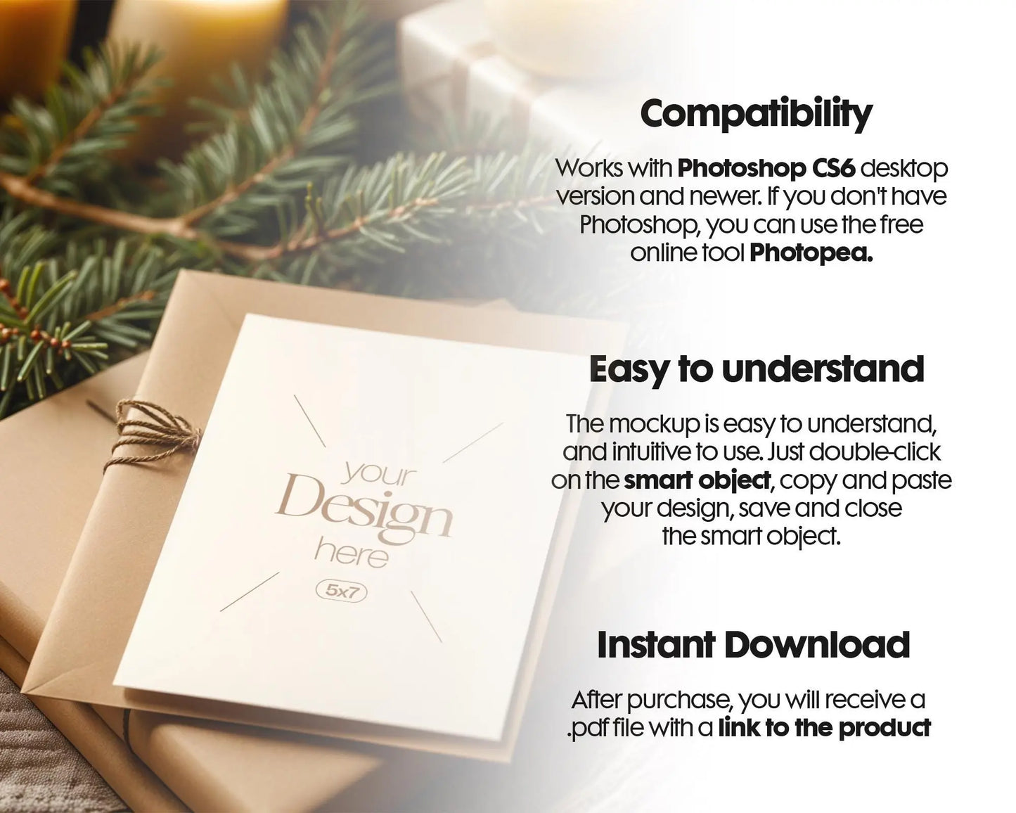 Christmas Card Mockup, White Blank Card Mockup PSD, Invite Card Mockup, Festive Greeting Card Mockup, PSD Smart Object