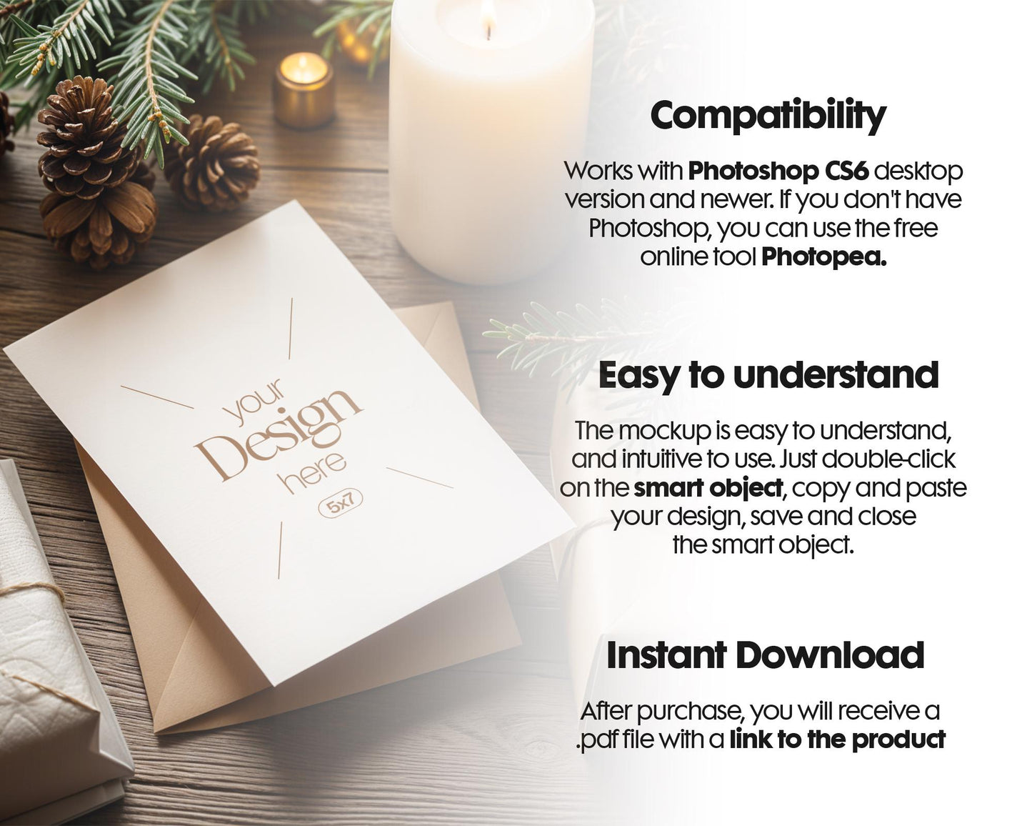 Christmas Card Mockup, White Blank Card Mockup PSD, Invite Card Mockup, Festive Greeting Card Mockup, PSD Smart Object