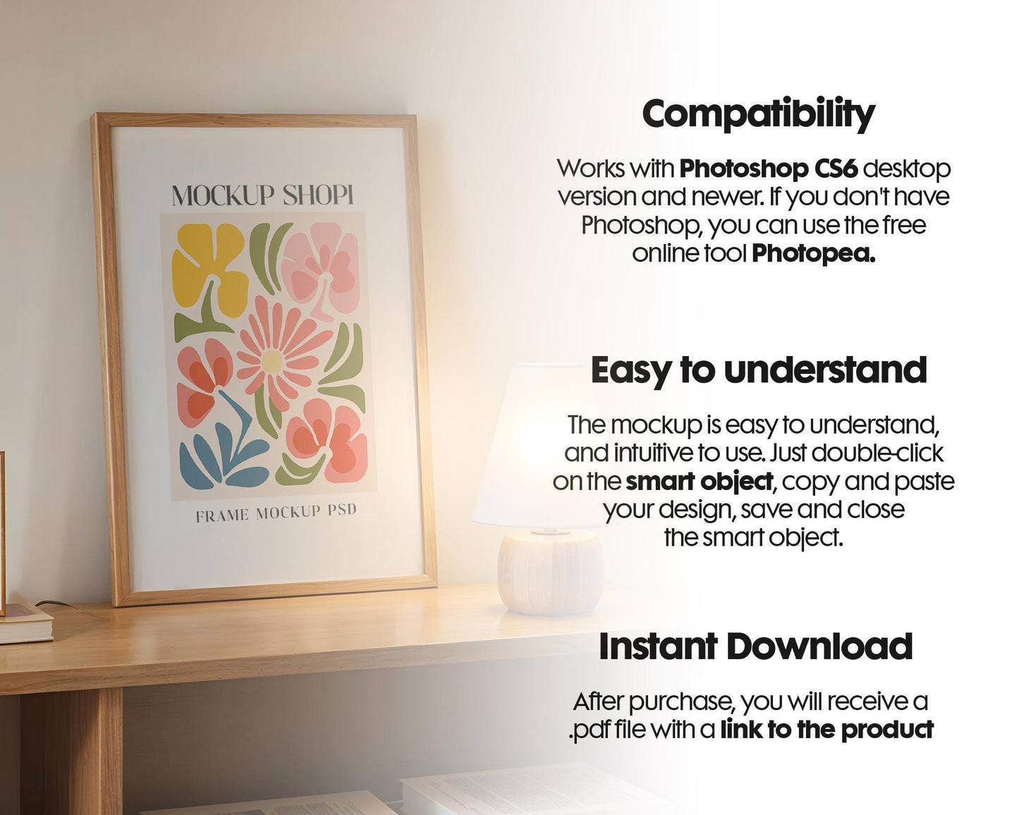 Blank Wooden Poster Frame Mockup, Minimalist Frame Mockup for Digital Download, Posters and Artwork Smart Object Instant Download