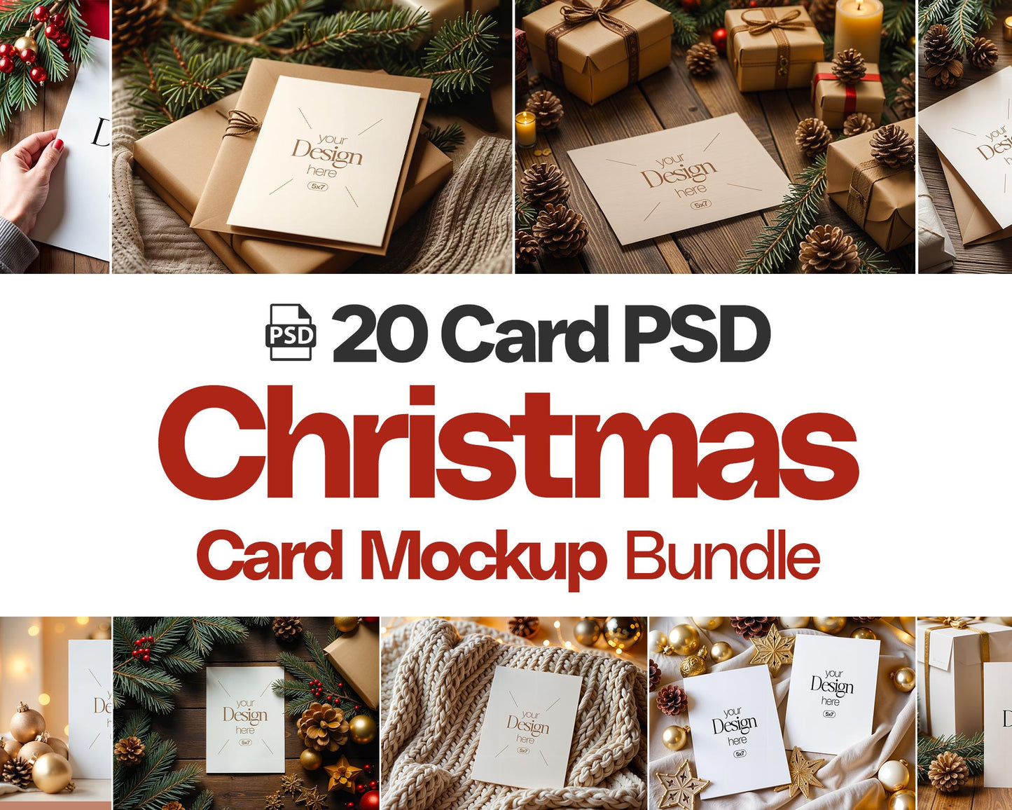 20 Christmas Card Mockup Bundle , White Blank Card Mockup PSD, Invite Card Mockup, Festive Greeting Card Mockup, PSD Smart Object