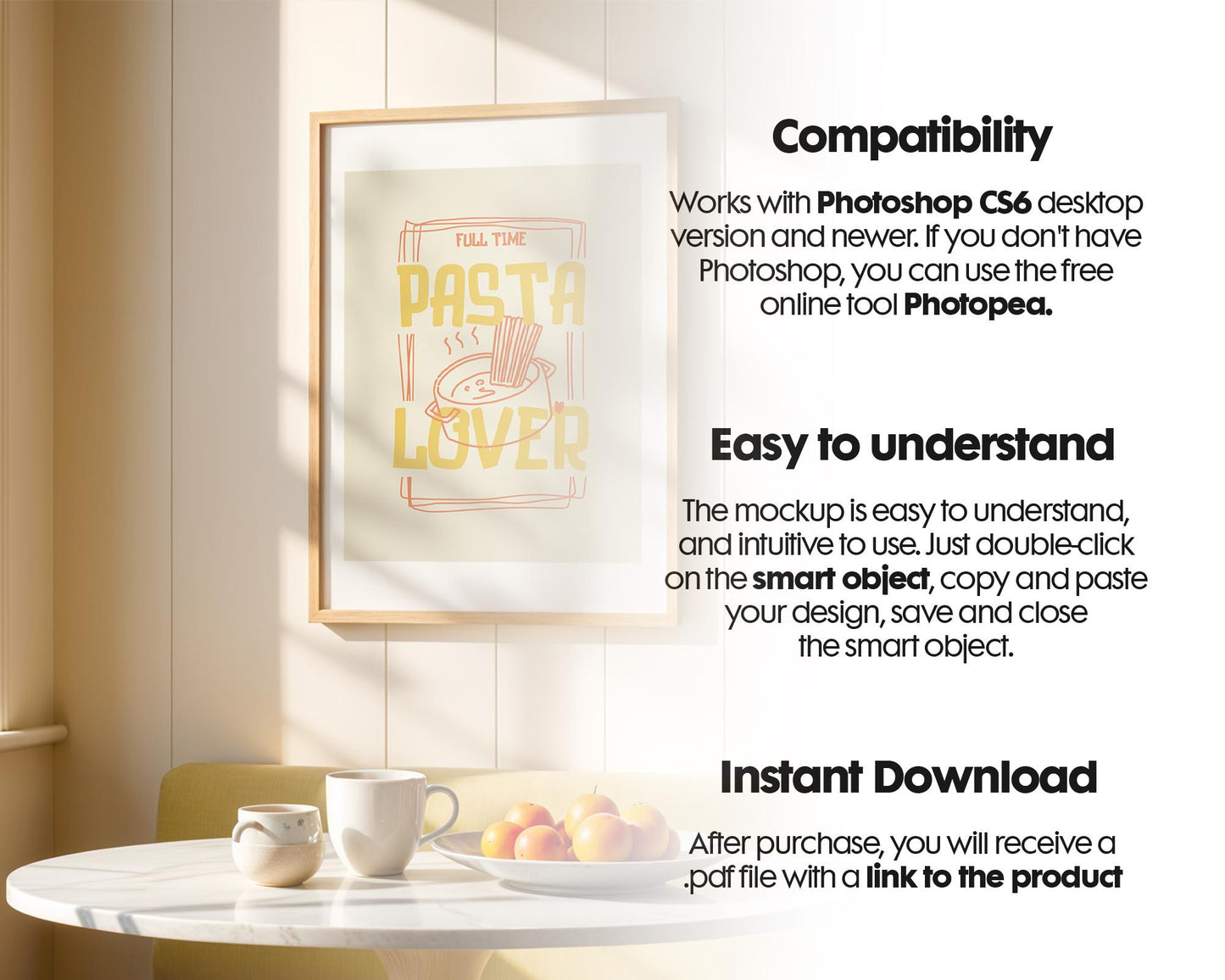 Frame Mockup in Kitchen, ISO A DIN Ratio, Thin Wood Frame, PSD Mockup, Minimal Modern Home Interior Design Mockup