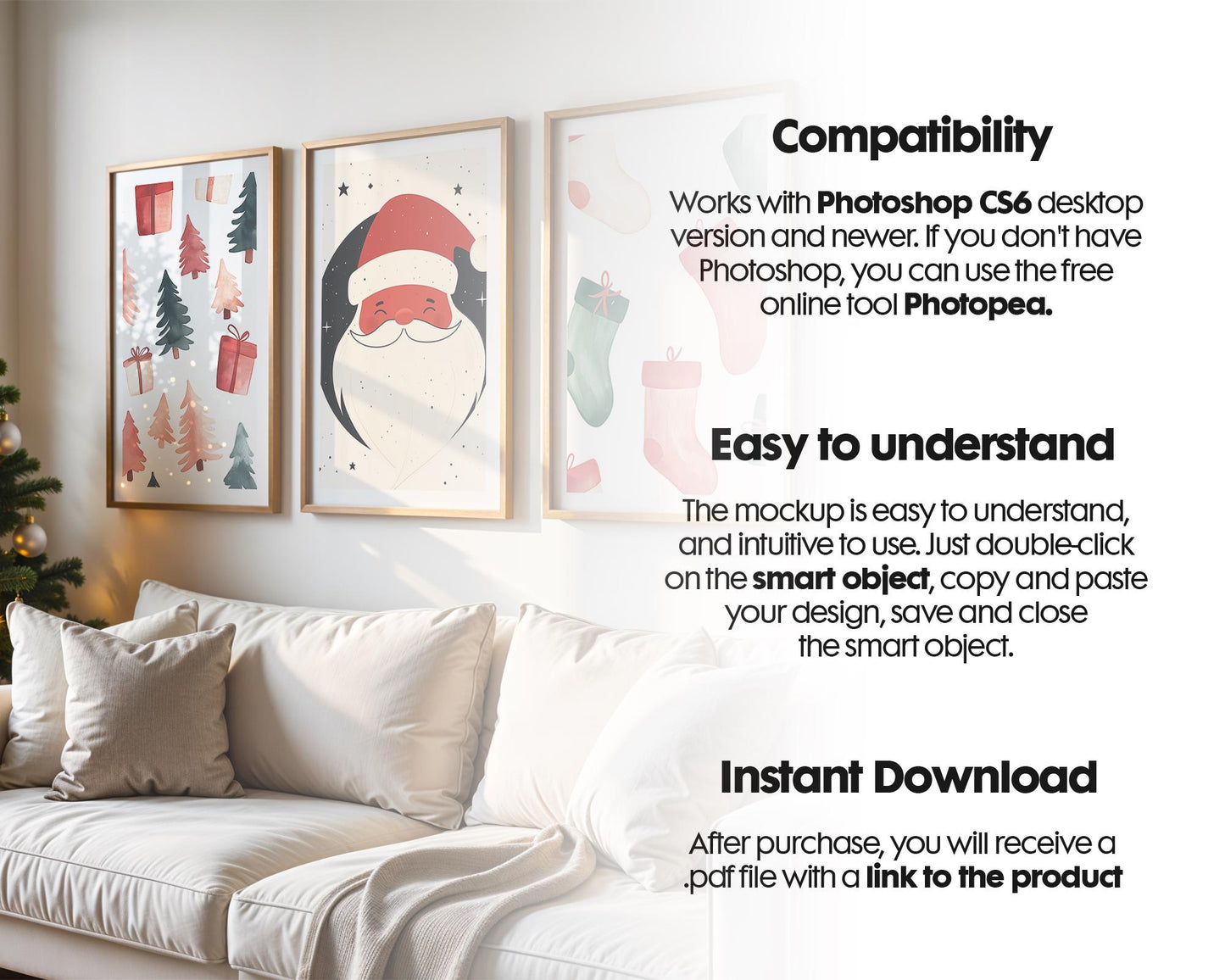 Christmas 3 Frame Mockup PSD, Christmas Holiday Frame Mockup, Christmas Mockup Poster Presentation, Christmas Interior Frame Mockup