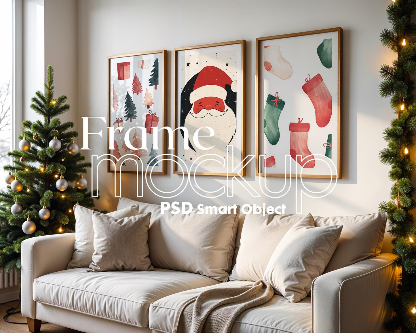 Christmas 3 Frame Mockup PSD, Christmas Holiday Frame Mockup, Christmas Mockup Poster Presentation, Christmas Interior Frame Mockup