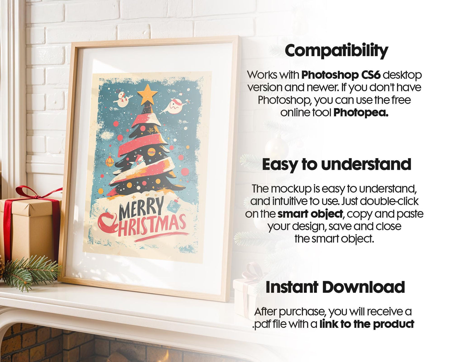 Christmas Frame Mockup PSD, Christmas Holiday Frame Mockup, Christmas Mockup Poster Presentation, Christmas Interior Frame Mockup