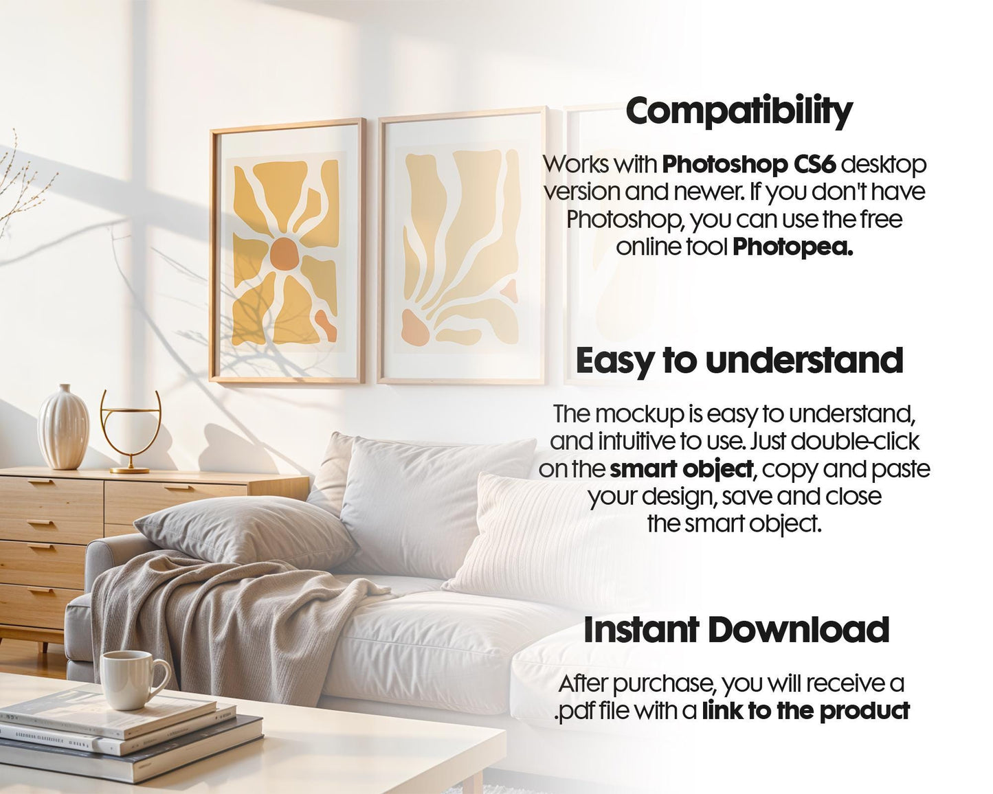 3 Frame Mockup in Home Interior PSD | 3 Frame Mockup Frames | Interior Wall Poster | Interior Poster Shop Mockup