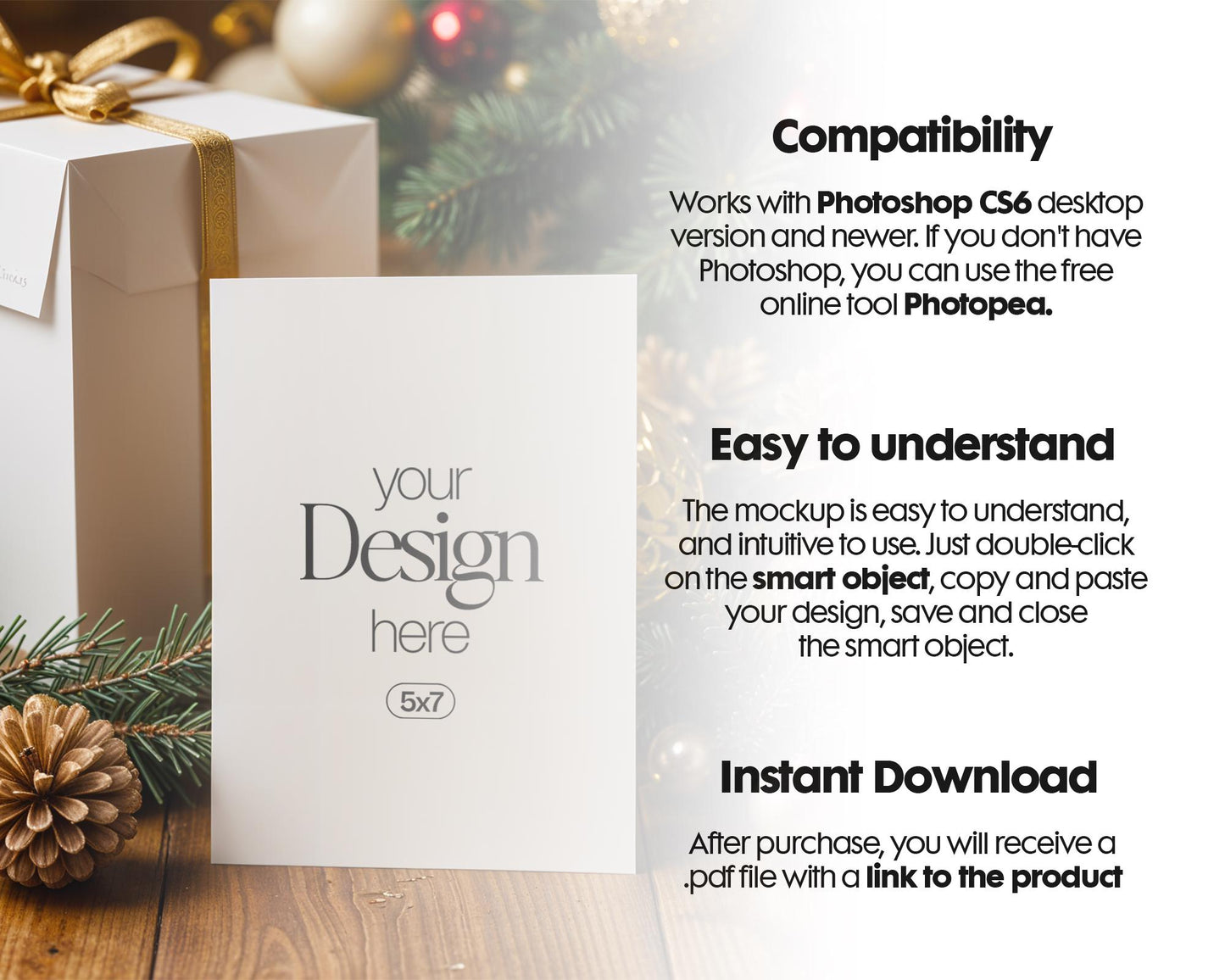 Christmas Card Mockup, White Blank Card Mockup PSD, Invite Card Mockup, Festive Greeting Card Mockup, PSD Smart Object