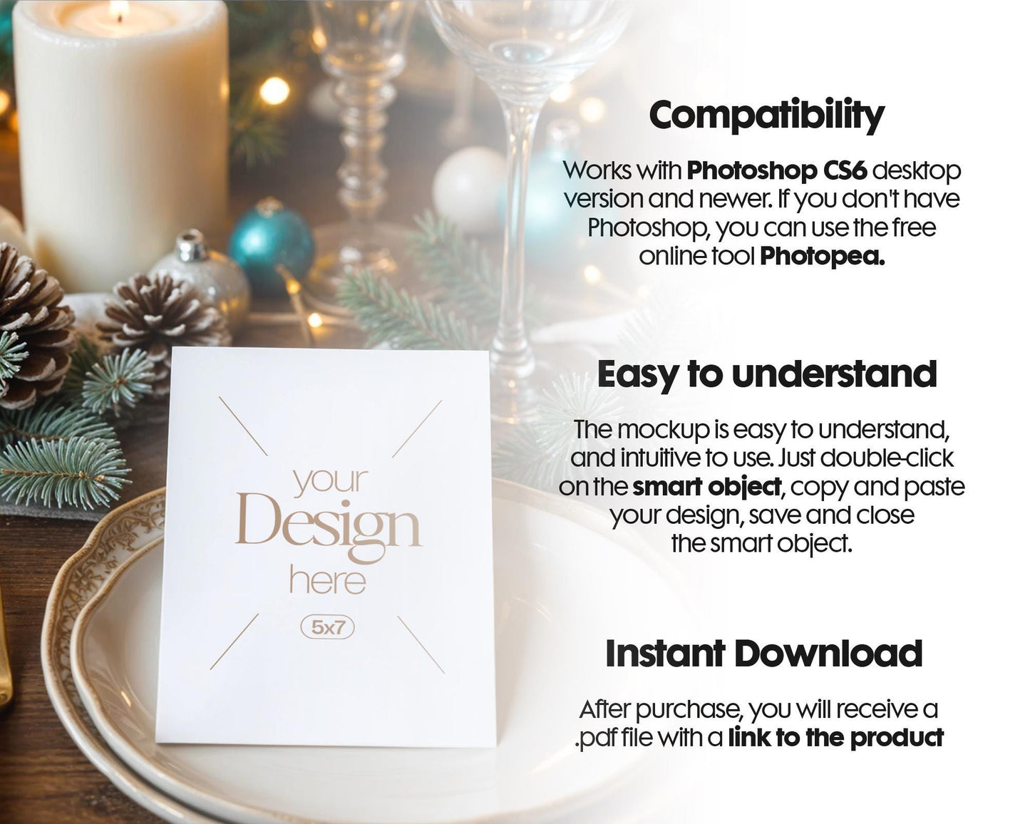 Christmas Card Mockup, White Blank Card Mockup PSD, Invite Card Mockup, Festive Greeting Card Mockup, PSD Smart Object