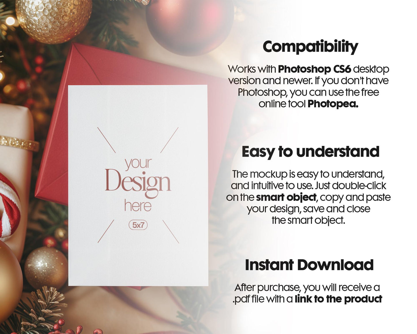 Christmas Card Mockup, White Blank Card Mockup PSD, Invite Card Mockup, Festive Greeting Card Mockup, PSD Smart Object