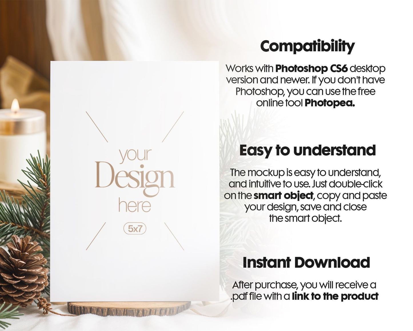 Christmas Card Mockup, White Blank Card Mockup PSD, Invite Card Mockup, Festive Greeting Card Mockup, PSD Smart Object