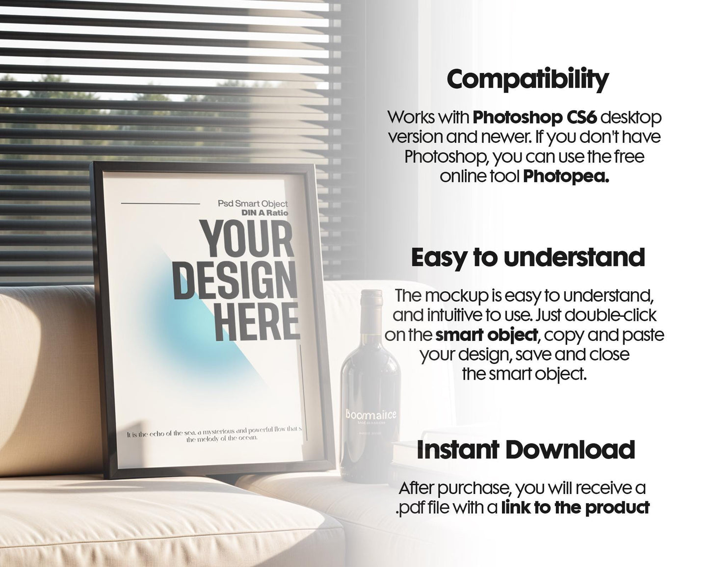 Blank Wooden Poster Frame Mockup, Minimalist Frame Mockup for Digital Download, Posters and Artwork Smart Object Instant Download