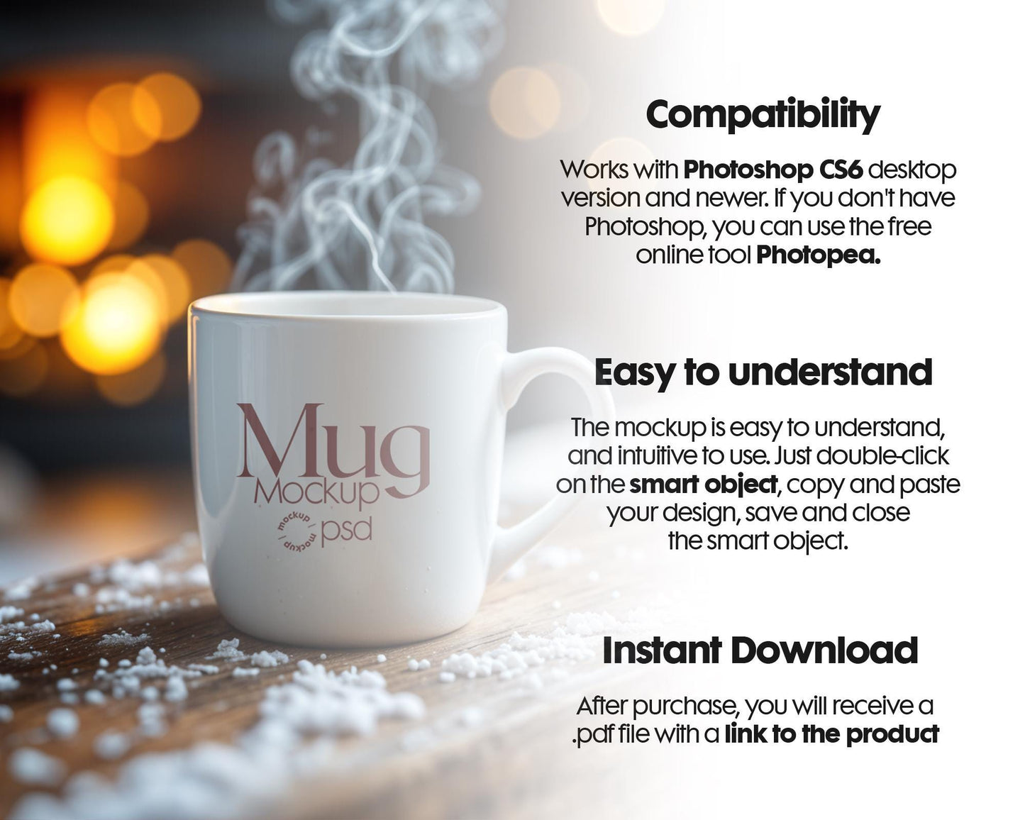 Christmas Mug Mockup PSD, Winter White Ceramic Cup Mockup Coffee Mug Mockups, White Coffee Mug 11oz Holidays Mockup