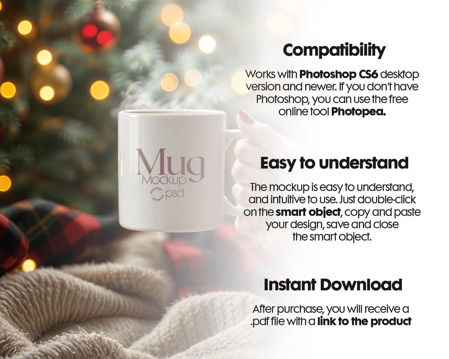 Christmas Mug Mockup PSD, Winter White Ceramic Cup Mockup Coffee Mug Mockups, White Coffee Mug 11oz Holidays Mockup