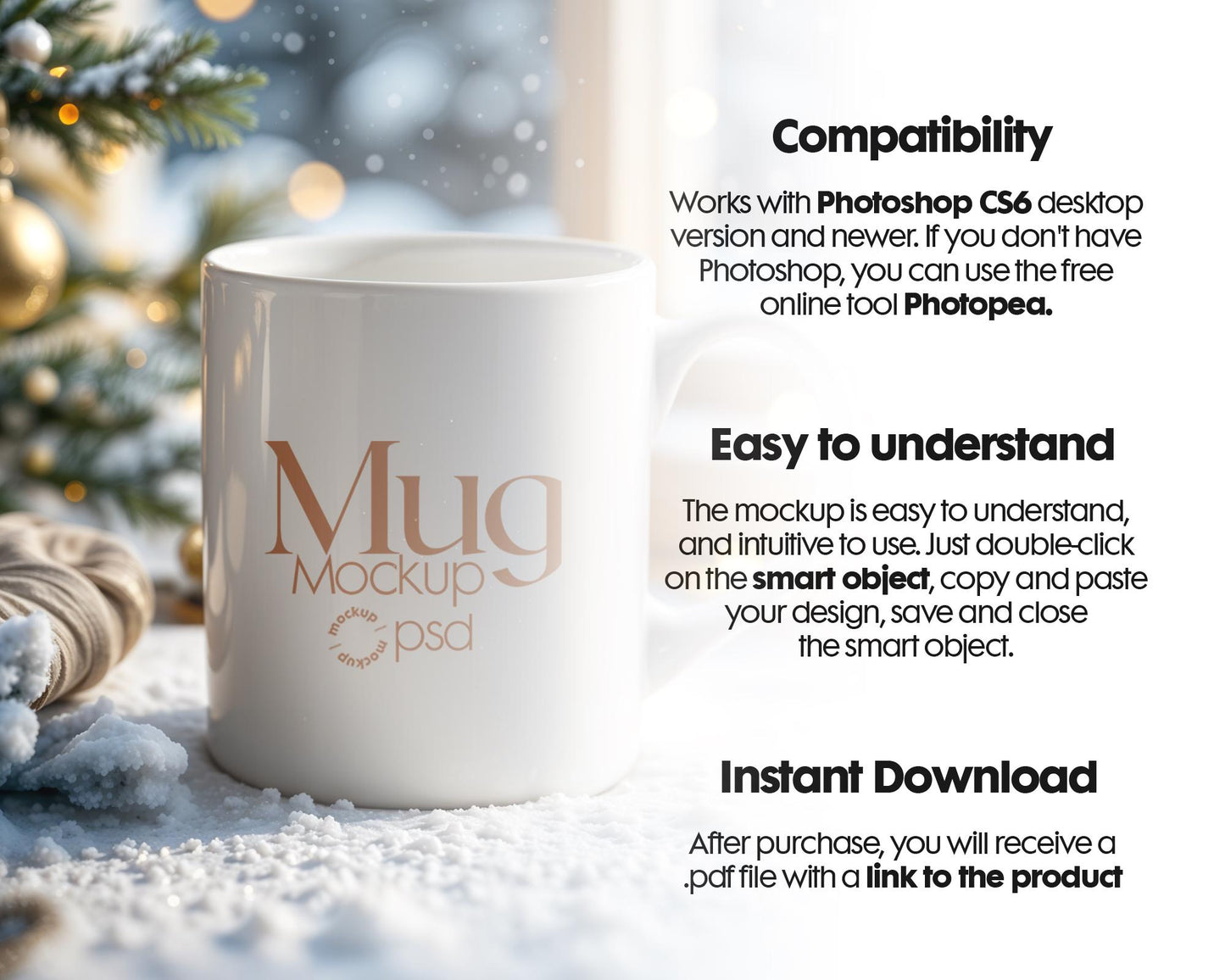 Christmas Mug Mockup PSD, Winter White Ceramic Cup Mockup Coffee Mug Mockups, White Coffee Mug 11oz Holidays Mug Mockup