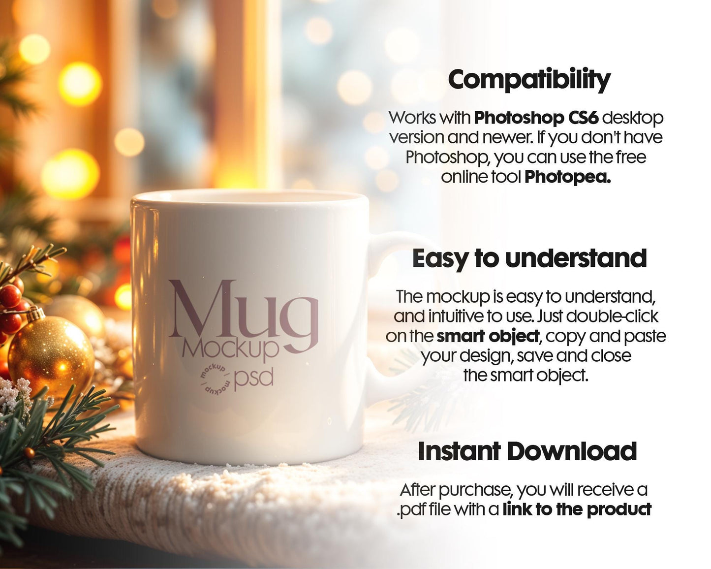 Christmas Mug Mockup PSD, Winter White Ceramic Cup Mockup Coffee Mug Mockups, White Coffee Mug 11oz Holidays Mug Mockup