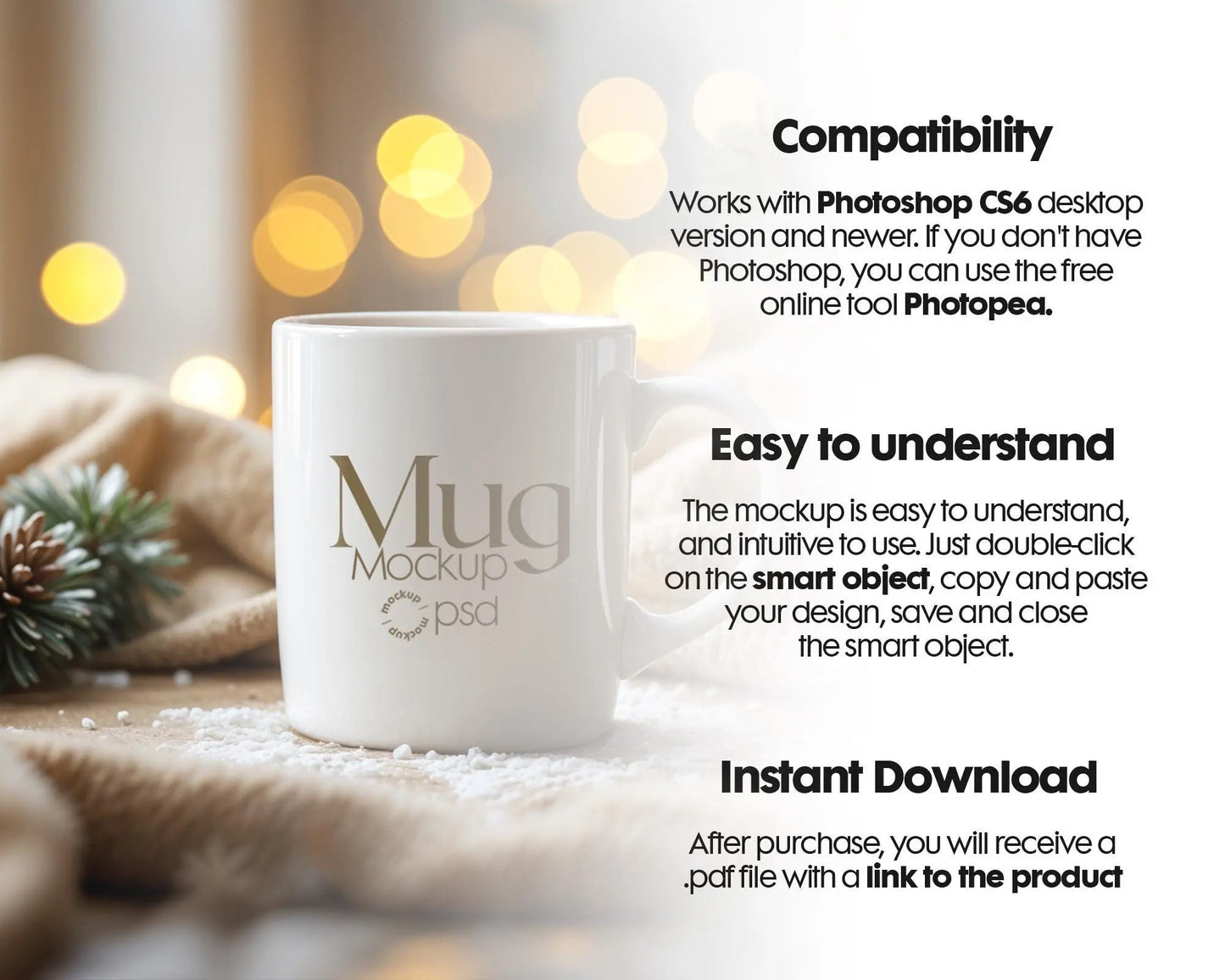 Christmas Mug Mockup PSD, Winter White Ceramic Cup Mockup Coffee Mug Mockups, White Coffee Mug 11oz Holidays Mug Mockup