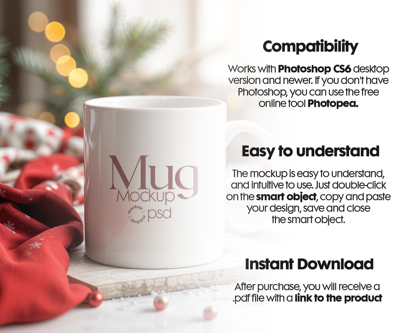 Christmas Mug Mockup PSD, Winter White Ceramic Cup Mockup Coffee Mug Mockups, White Coffee Mug 11oz Holidays Mug Mockup