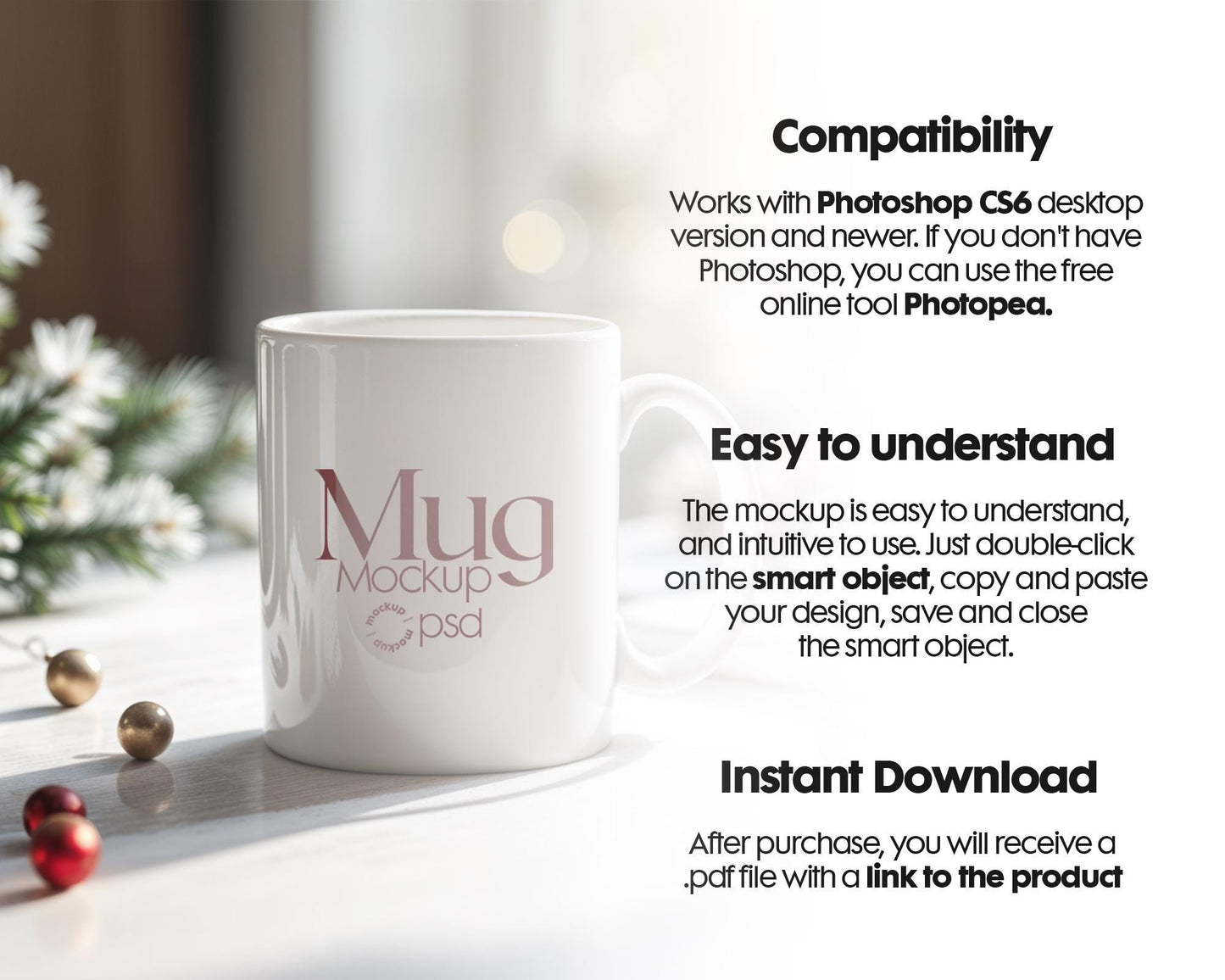 Christmas Mug Mockup PSD, Winter White Ceramic Cup Mockup Coffee Mug Mockups, White Coffee Mug 11oz Holidays Mug Mockup