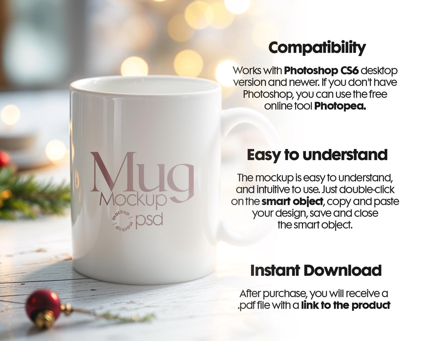 Christmas Mug Mockup PSD, Winter White Ceramic Cup Mockup Coffee Mug Mockups, White Coffee Mug 11oz Holidays Mug Mockup