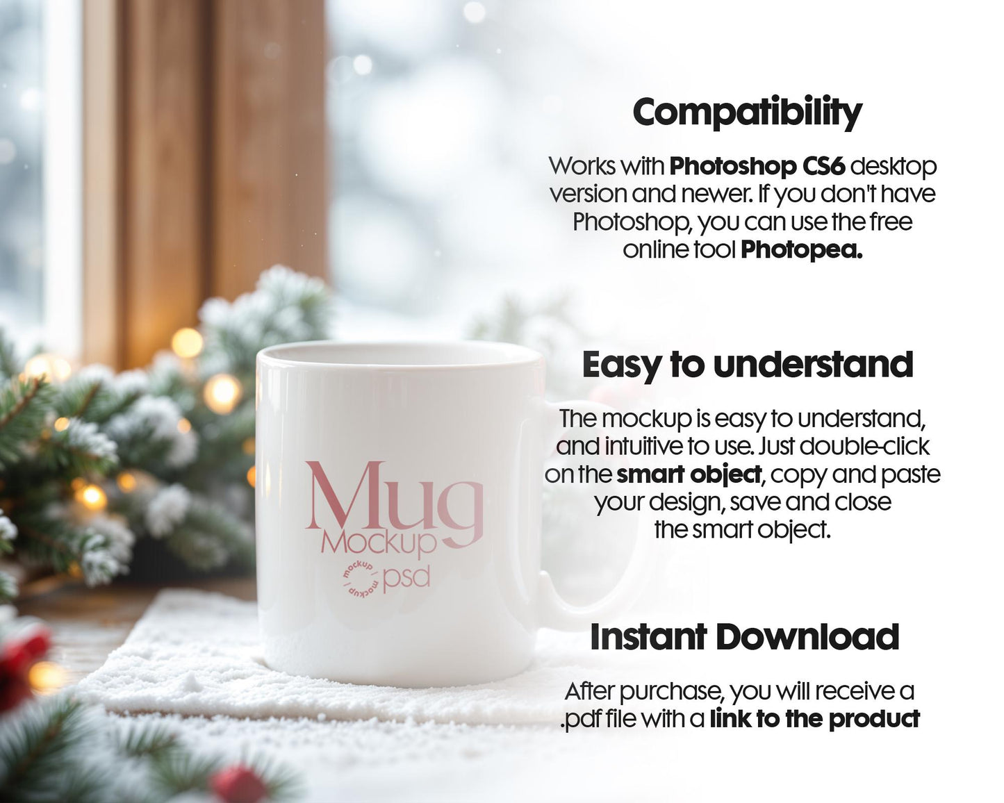 Christmas Mug Mockup PSD, Winter White Ceramic Cup Mockup Coffee Mug Mockups, White Coffee Mug 11oz Holidays Mug Mockup
