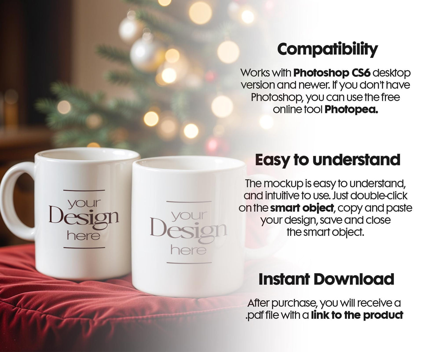 Christmas Mug Mockup PSD, Winter White Ceramic Cup Mockup Coffee Mug Mockups, White Coffee Mug 11oz Holidays Mockup