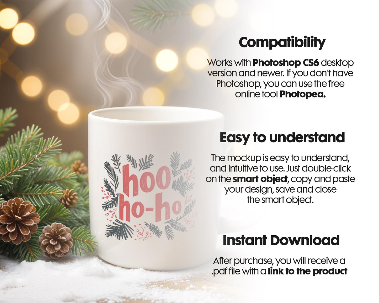 Christmas Mug Mockup PSD, Winter White Ceramic Cup Mockup Coffee Mug Mockups, White Coffee Mug 11oz Holidays Mockup
