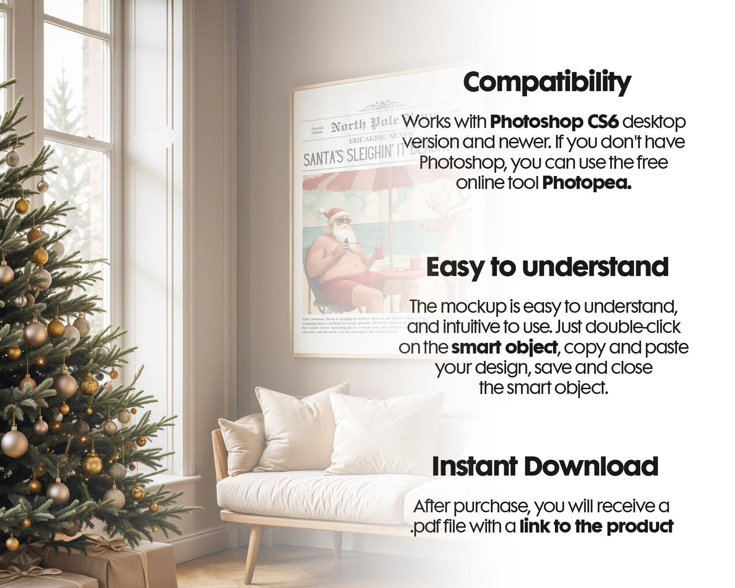 Christmas Frame Mockup PSD, Christmas Holiday Frame Mockup, Christmas Mockup Poster Presentation, Christmas Interior Frame Mockup