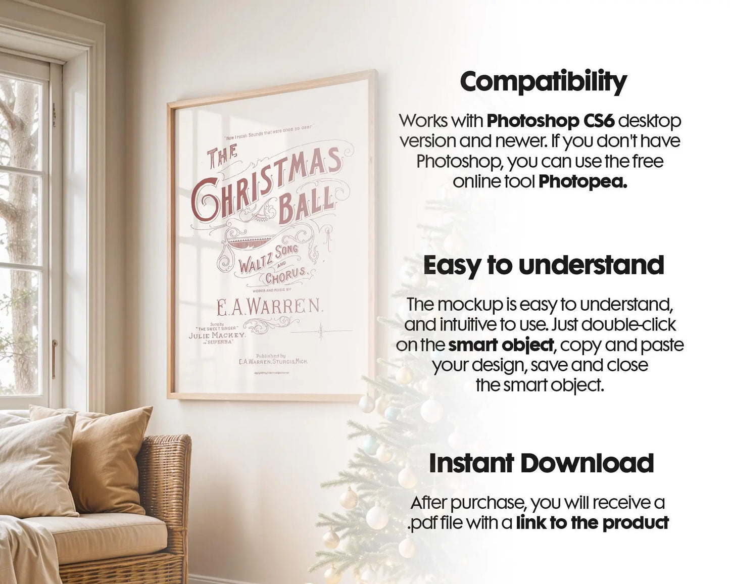 Christmas Frame Mockup PSD, Christmas Holiday Frame Mockup, Christmas Mockup Poster Presentation, Christmas Interior Frame Mockup