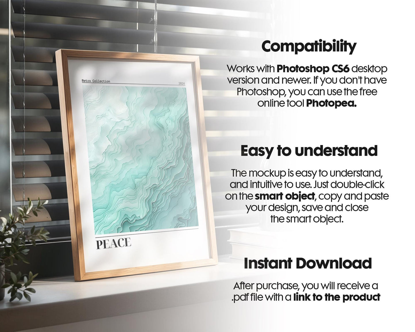 Blank Wooden Poster Frame Mockup, Minimalist Frame Mockup for Digital Download, Posters and Artwork Smart Object Instant Download