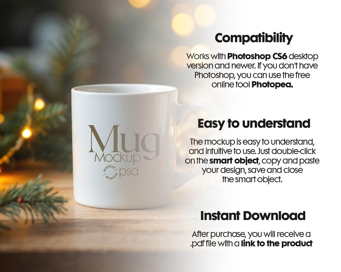 Christmas Mug Mockup PSD, Winter White Ceramic Cup Mockup Coffee Mug Mockups, White Coffee Mug 11oz Holidays Mockup