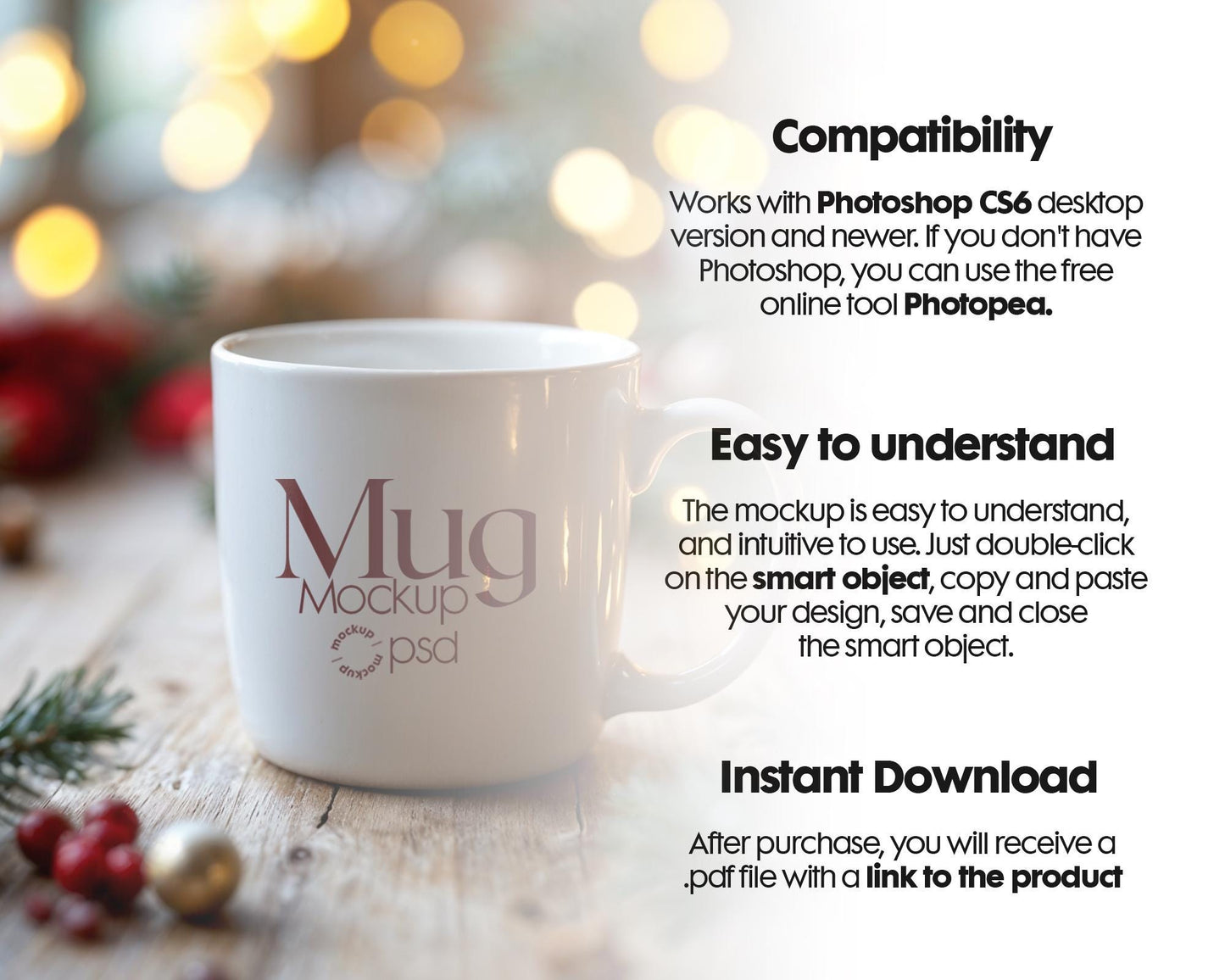 Christmas Mug Mockup PSD, Winter White Ceramic Cup Mockup Coffee Mug Mockups, White Coffee Mug 11oz Holidays Mockup