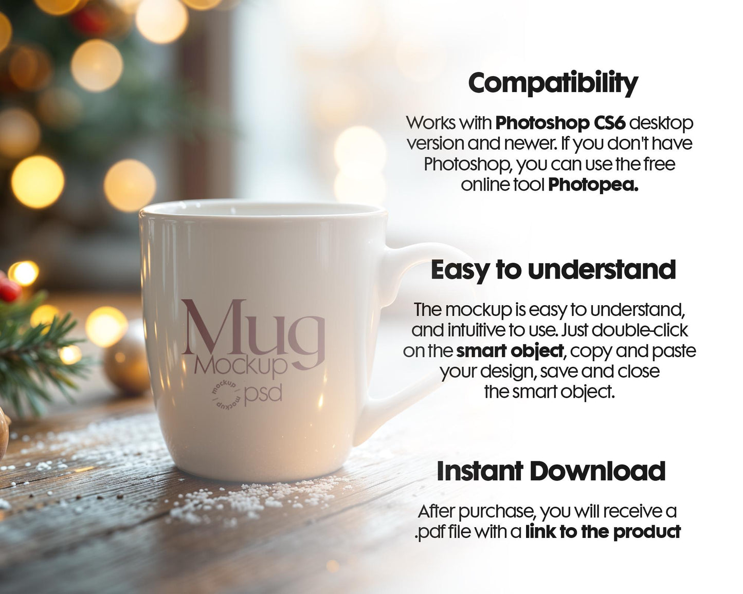 Christmas Mug Mockup PSD, Winter White Ceramic Cup Mockup Coffee Mug Mockups, White Coffee Mug 11oz Holidays Mockup