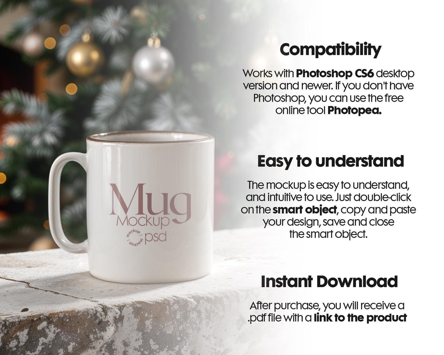 Christmas Mug Mockup PSD, Winter White Ceramic Cup Mockup Coffee Mug Mockups, White Coffee Mug 11oz Holidays Mockup