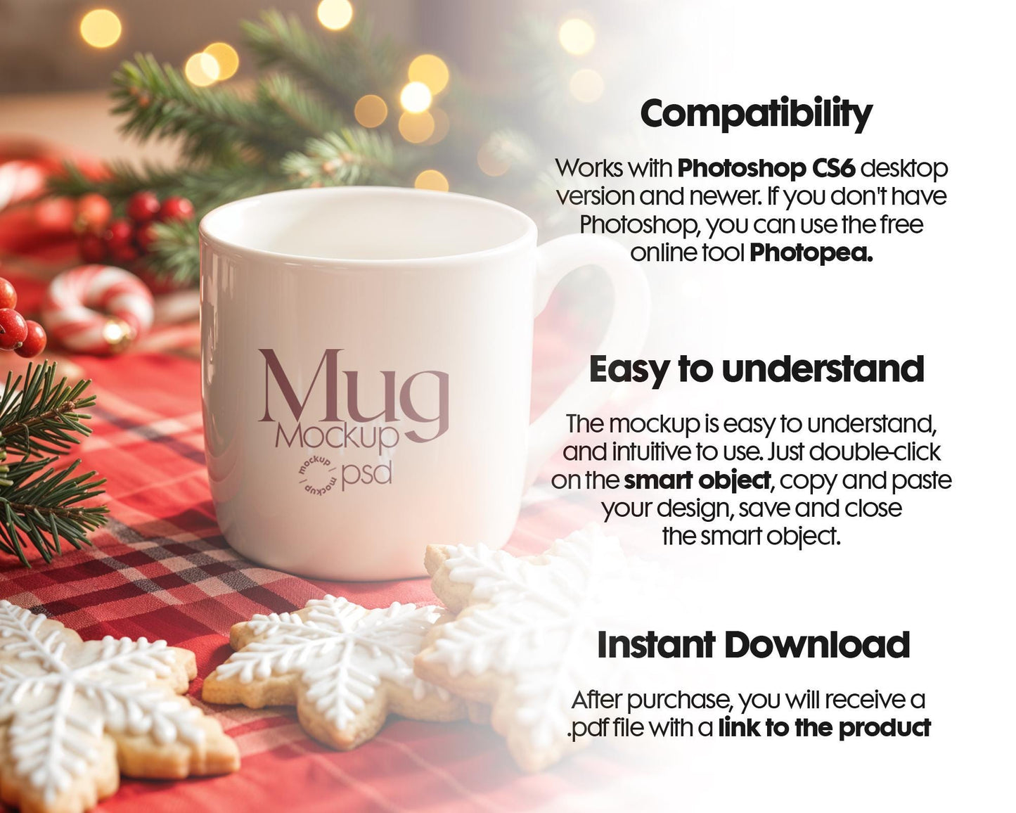 Christmas Mug Mockup PSD, Winter White Ceramic Cup Mockup Coffee Mug Mockups, White Coffee Mug 11oz Holidays Mockup