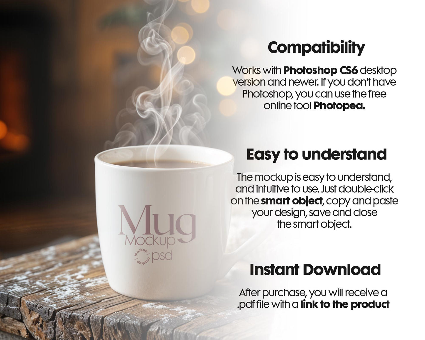 Christmas Mug Mockup PSD, Winter White Ceramic Cup Mockup Coffee Mug Mockups, White Coffee Mug 11oz Holidays Mockup