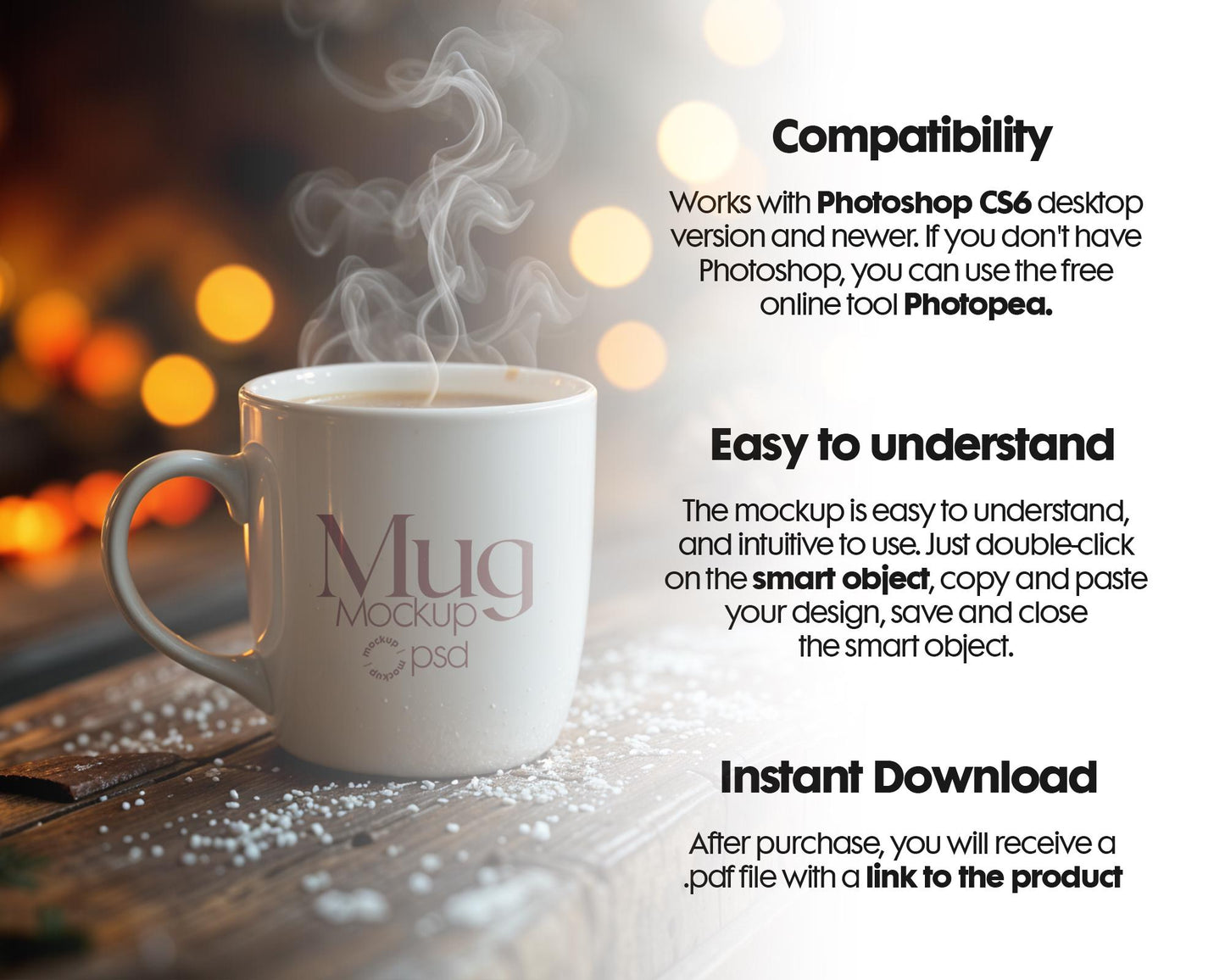 Christmas Mug Mockup PSD, Winter White Ceramic Cup Mockup Coffee Mug Mockups, White Coffee Mug 11oz Holidays Mockup