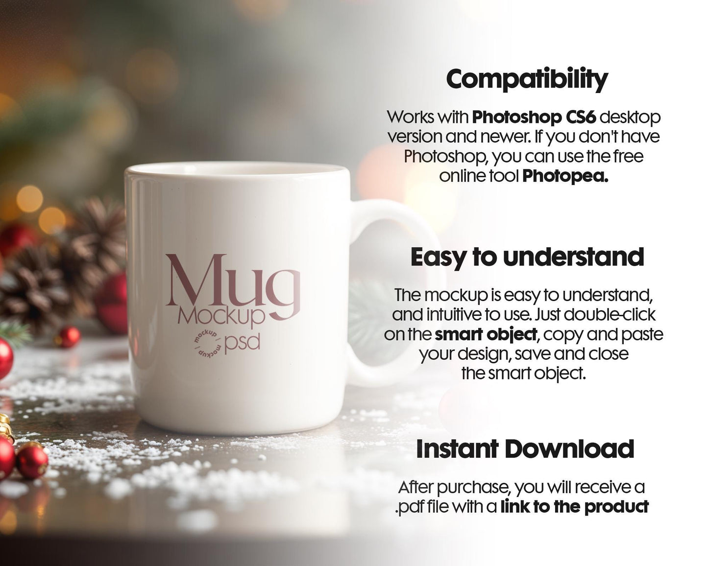 Christmas Mug Mockup PSD, Winter White Ceramic Cup Mockup Coffee Mug Mockups, White Coffee Mug 11oz Holidays Mockup