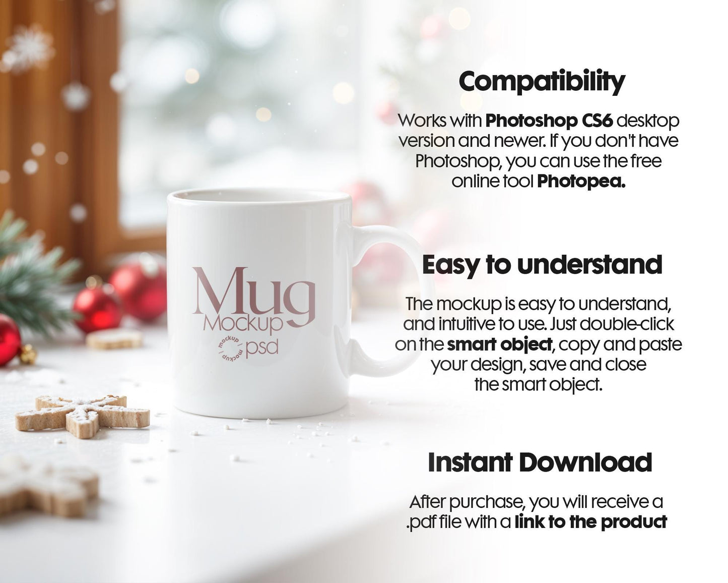 Christmas Mug Mockup PSD, Winter White Ceramic Cup Mockup Coffee Mug Mockups, White Coffee Mug 11oz Holidays Mockup