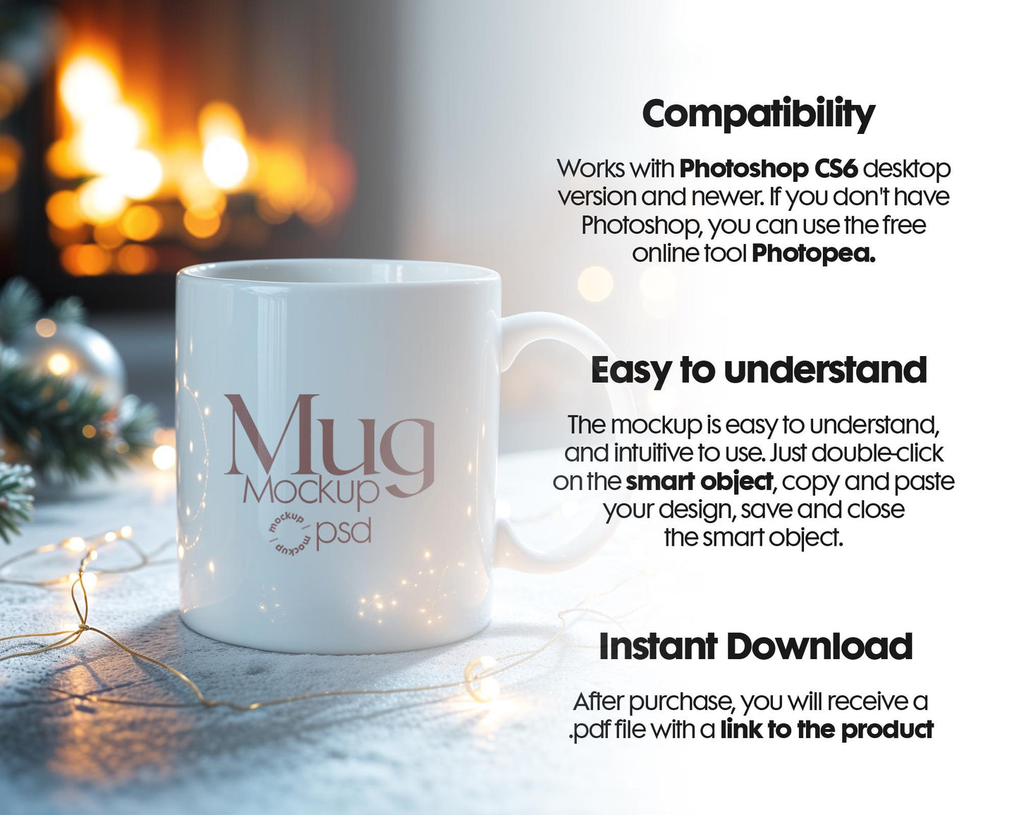 Christmas Mug Mockup PSD, Winter White Ceramic Cup Mockup Coffee Mug Mockups, White Coffee Mug 11oz Holidays Mockup